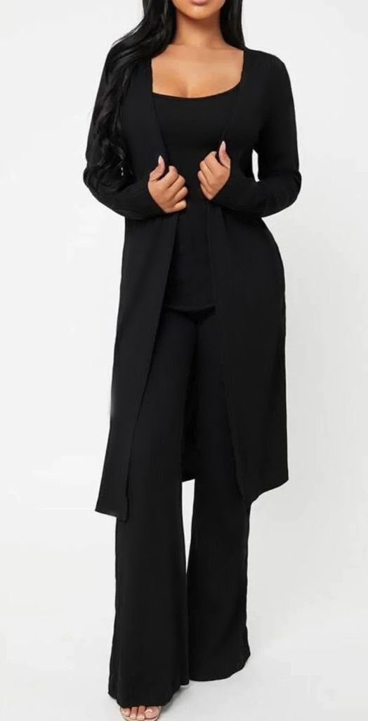 Conjunto Tres Piezas de Lana con Cárdigan Largo en color negro
