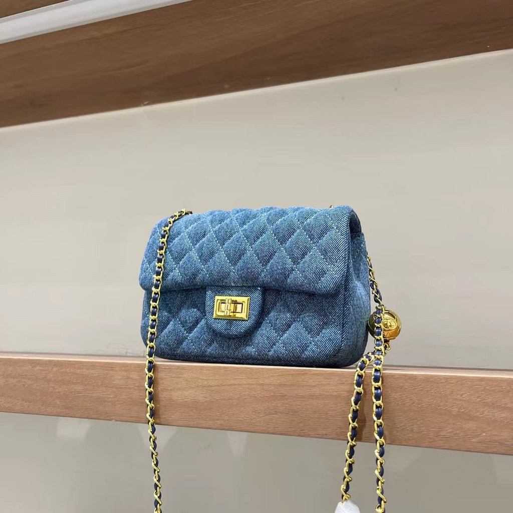 Bolso Vaquero con Cadena de Bolas Doradas Mujer