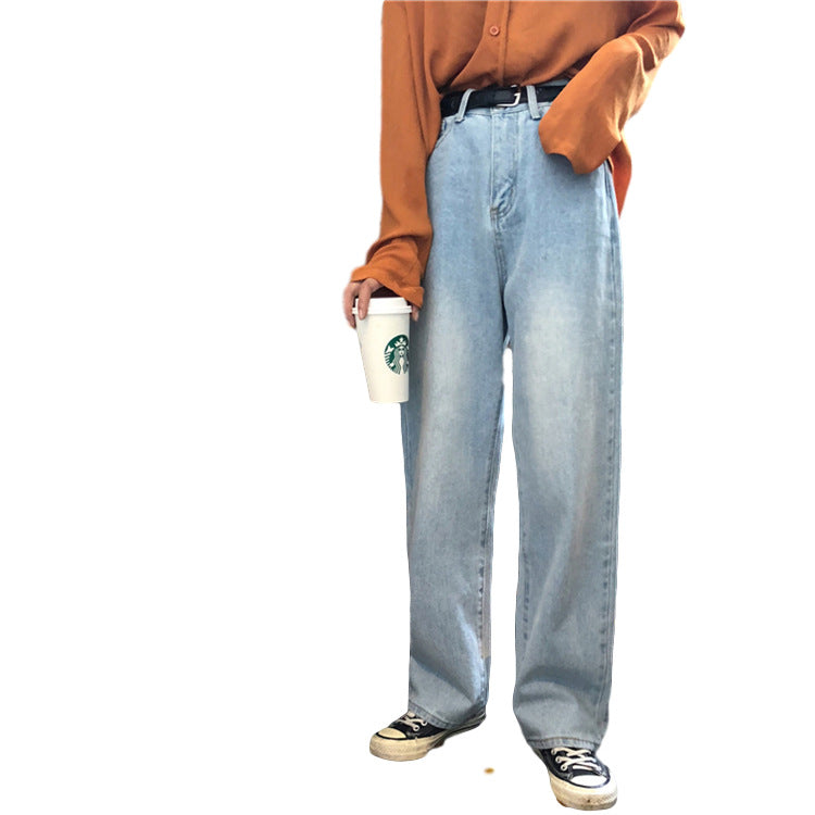 Jeans Anchos de Tiro Alto Estilo Retro Mujer - cuerpo entero sobre fondo blanco