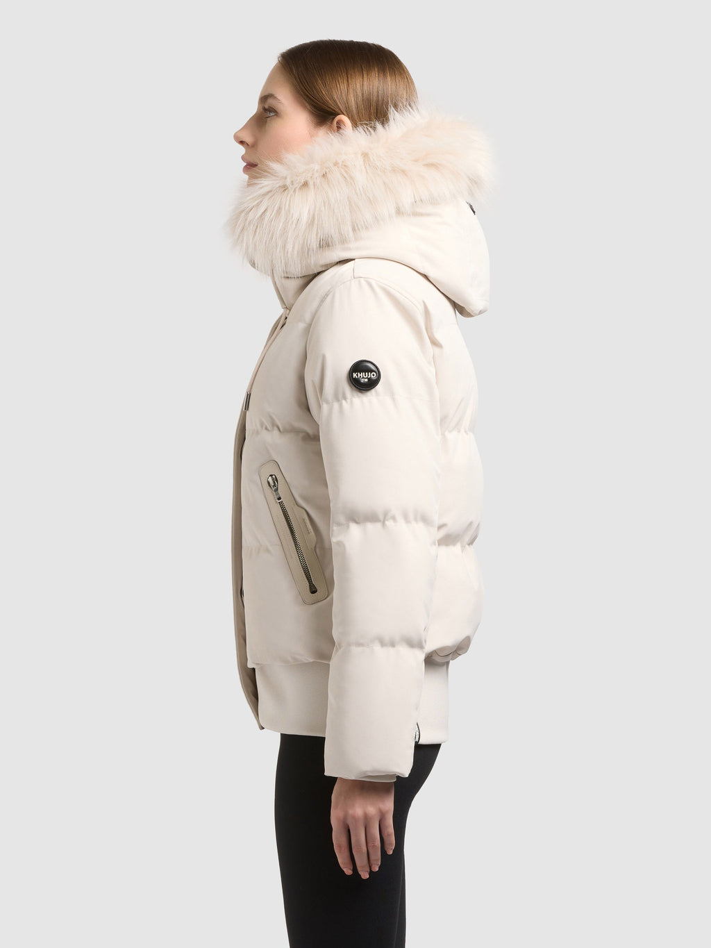Chaqueta Acolchada Corta Mujer Capucha Desmontable con Pelo Sintético