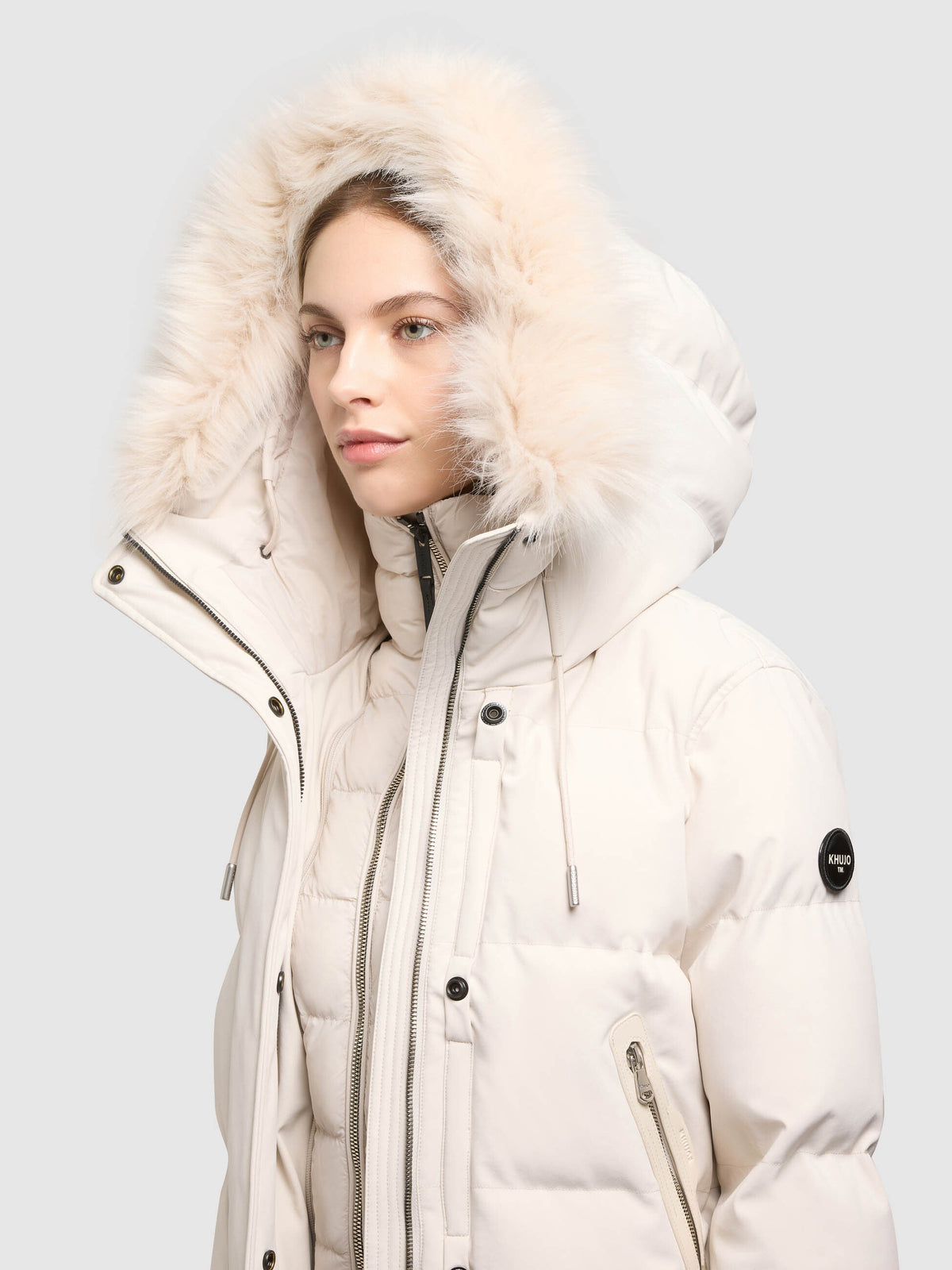Chaqueta Acolchada Corta Mujer Capucha Desmontable con Pelo Sintético