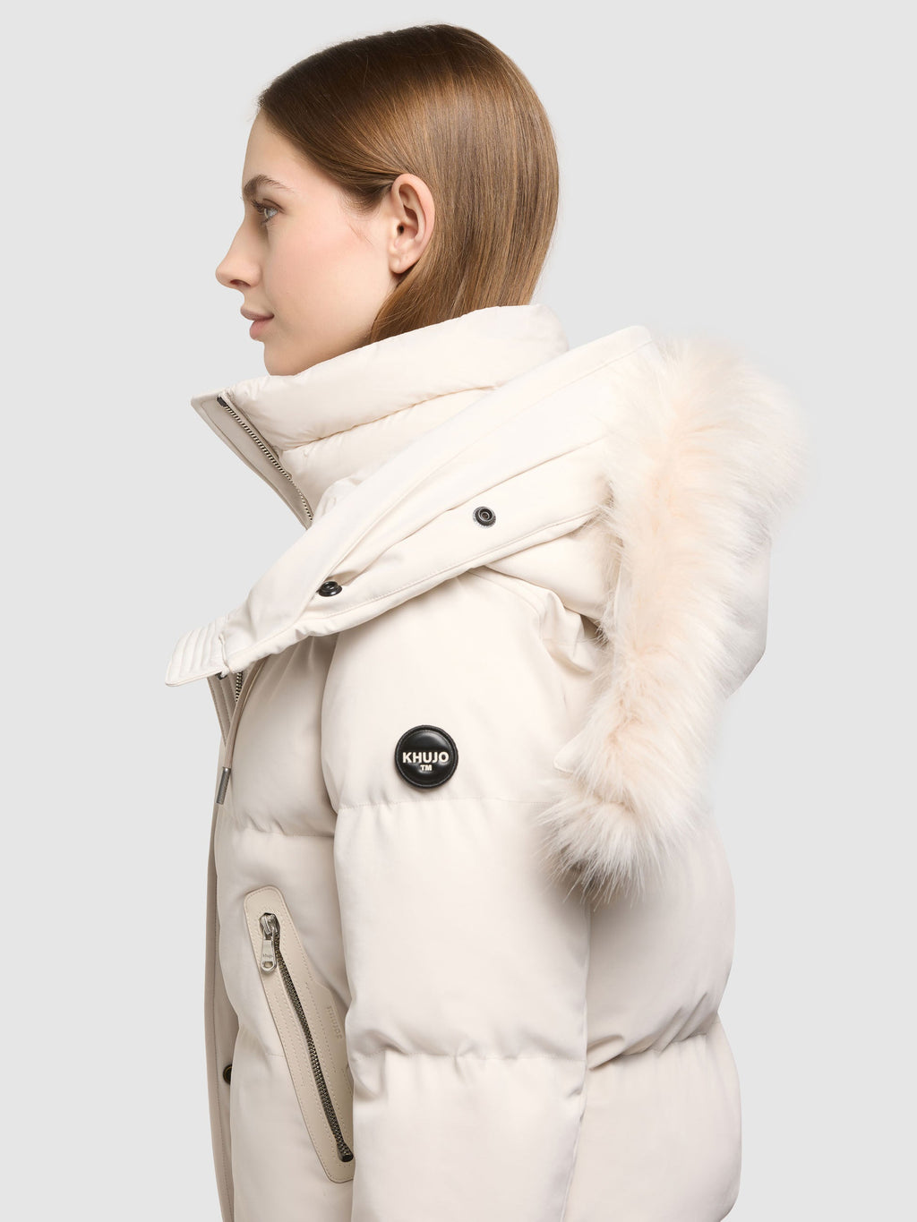Chaqueta Acolchada Corta Mujer Capucha Desmontable con Pelo Sintético