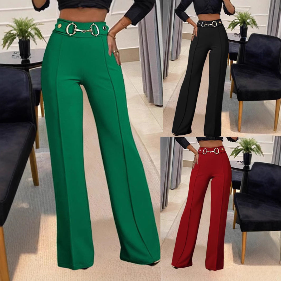 Pantalón Recto de Tiro Alto Elegante para Mujer - collage de los tres colores: verde, negro y burdeos