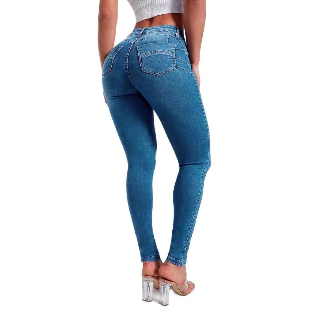 Jeans Skinny Elásticos de Tiro Alto para Mujer - vista lateral en azul denim