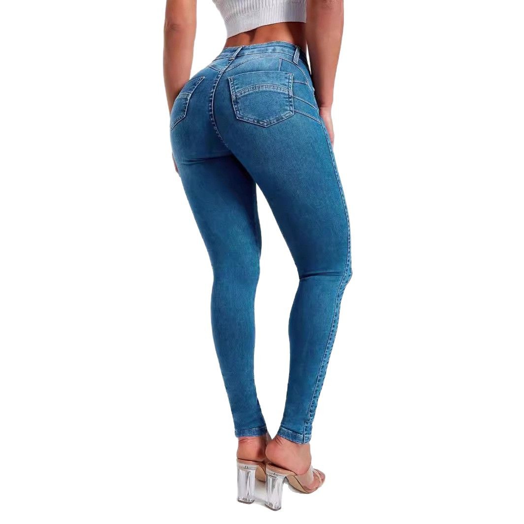Jeans Skinny Elásticos de Tiro Alto para Mujer - vista lateral en azul denim