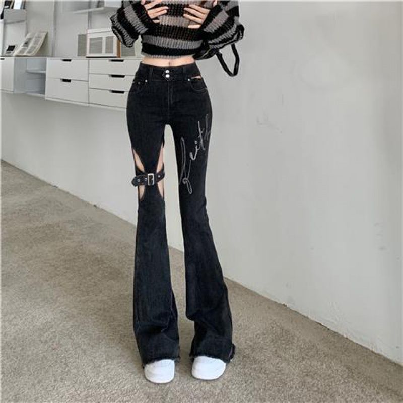 Jeans Negros Rasgados de Tiro Alto para Mujer - vista frontal en negro