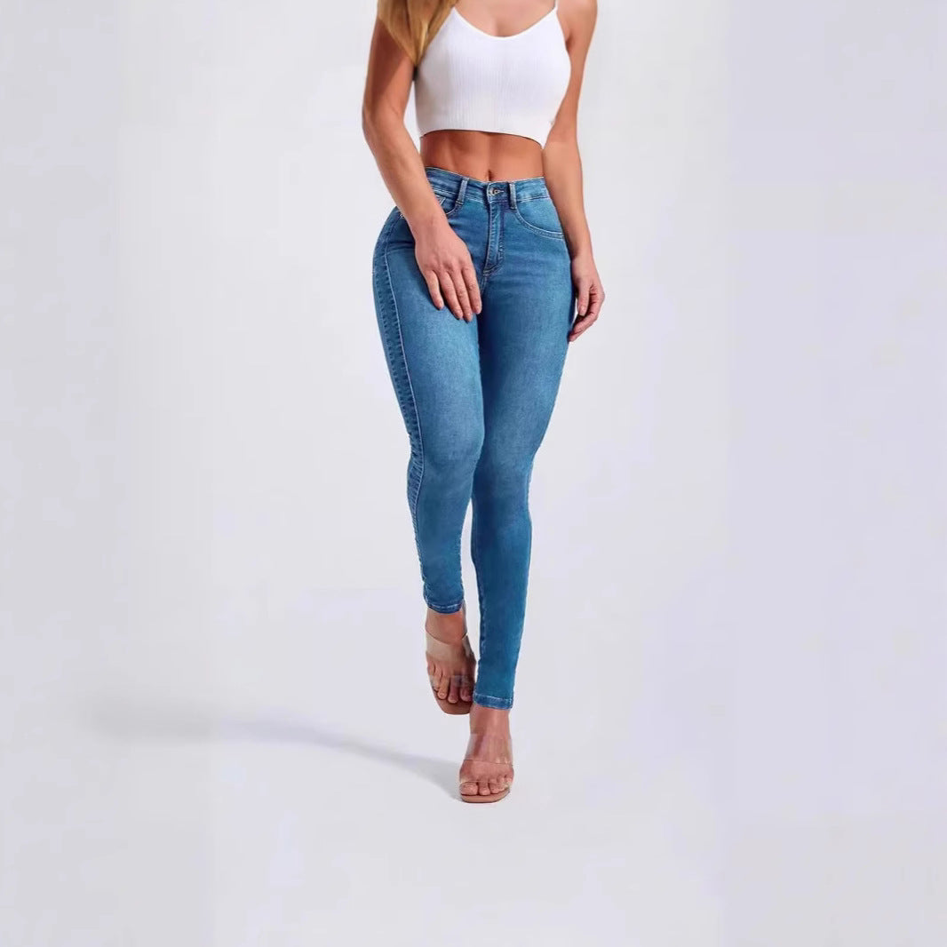 Jeans Skinny Elásticos de Tiro Alto para Mujer - vista frontal en azul denim