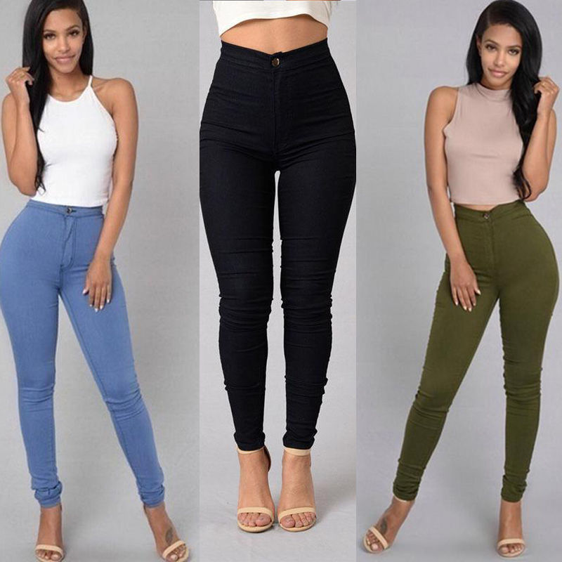 Pantalón Skinny Elástico de Tiro Alto Colores Vivos Mujer - en azul, negro y verde militar, vistas frontal y posterior