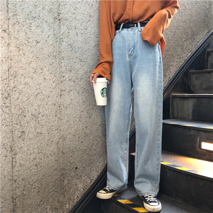 Jeans Anchos de Tiro Alto Estilo Retro Mujer - look con jersey naranja, vista frontal