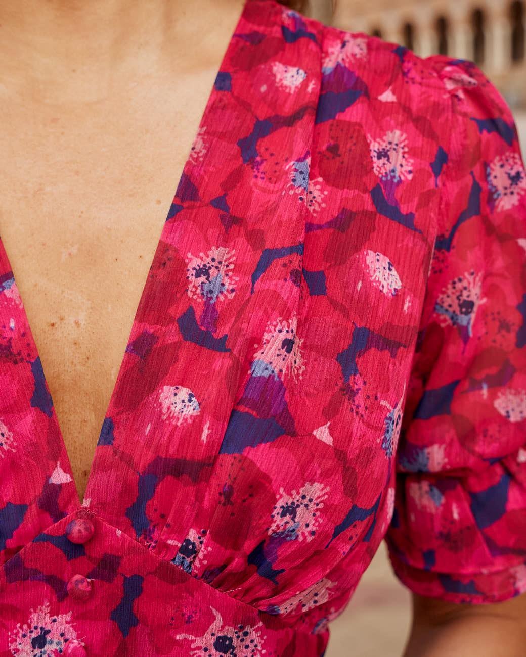 Vestido Midi Estampado Floral Escote Pico