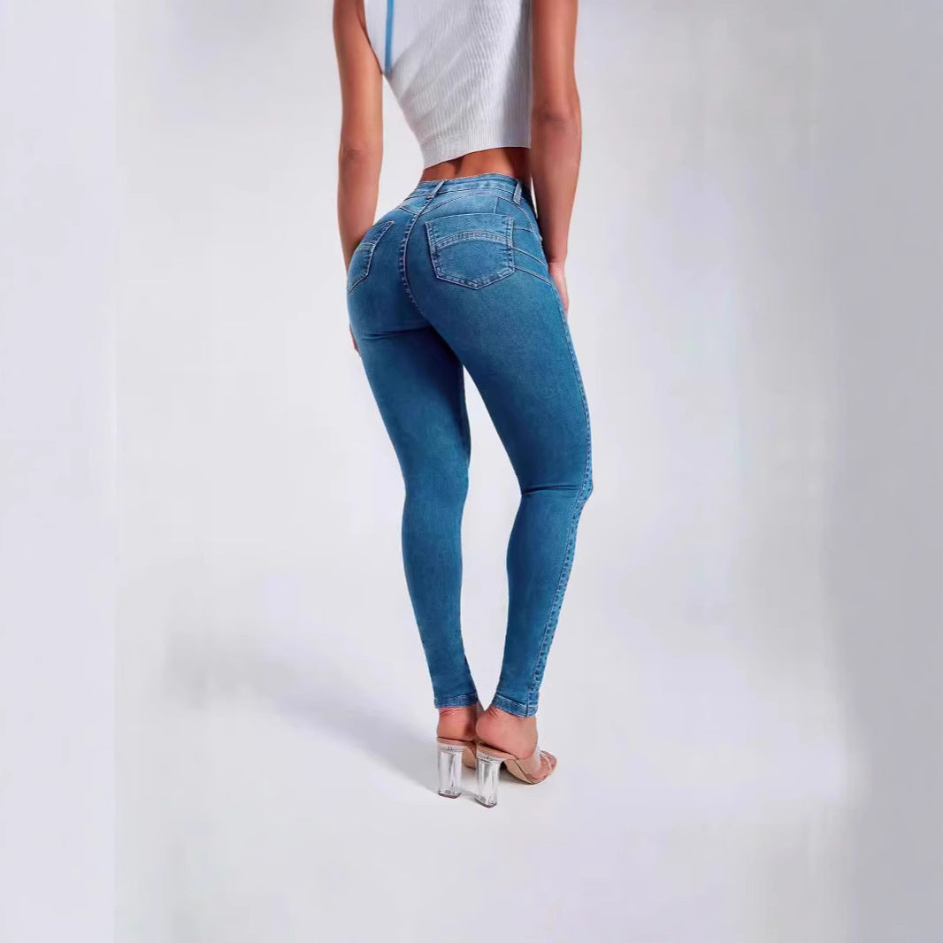 Jeans Skinny Elásticos de Tiro Alto para Mujer - vista posterior en azul denim