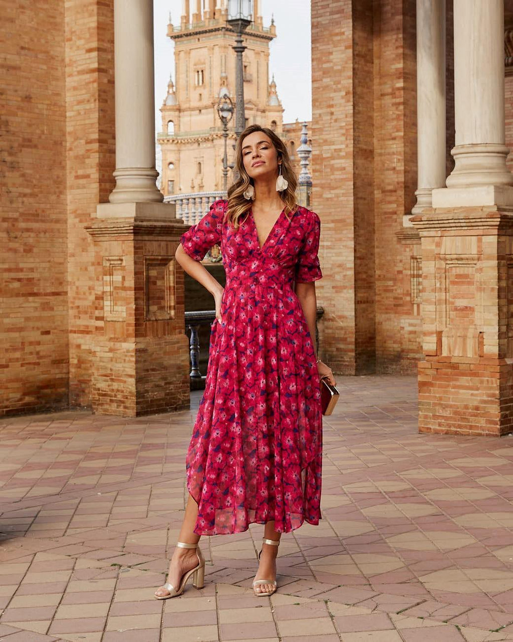 Vestido Midi Estampado Floral Escote Pico