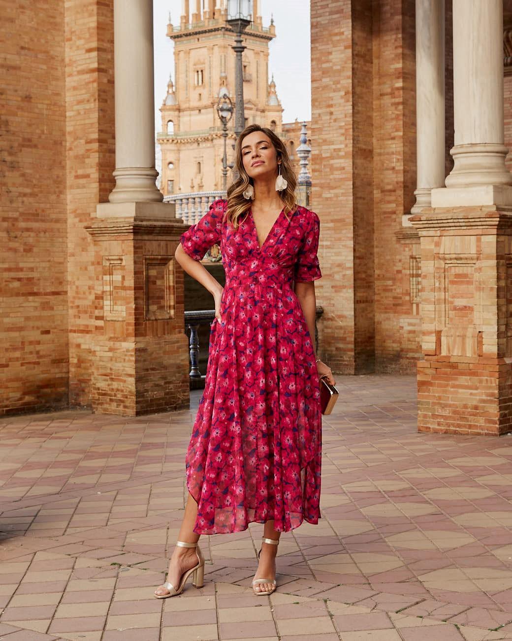 Vestido Midi Estampado Floral Escote Pico