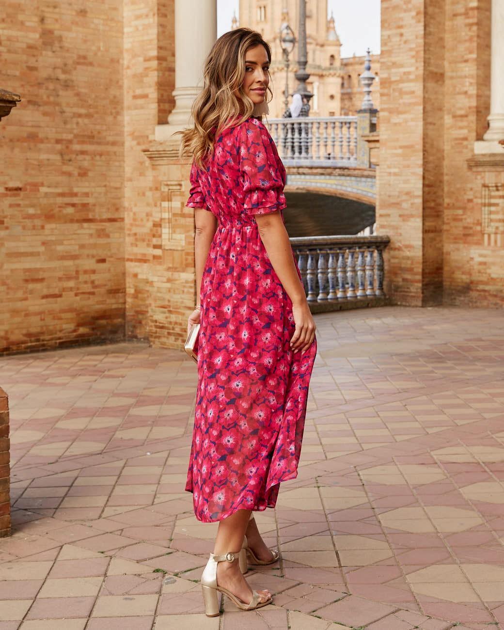Vestido Midi Estampado Floral Escote Pico
