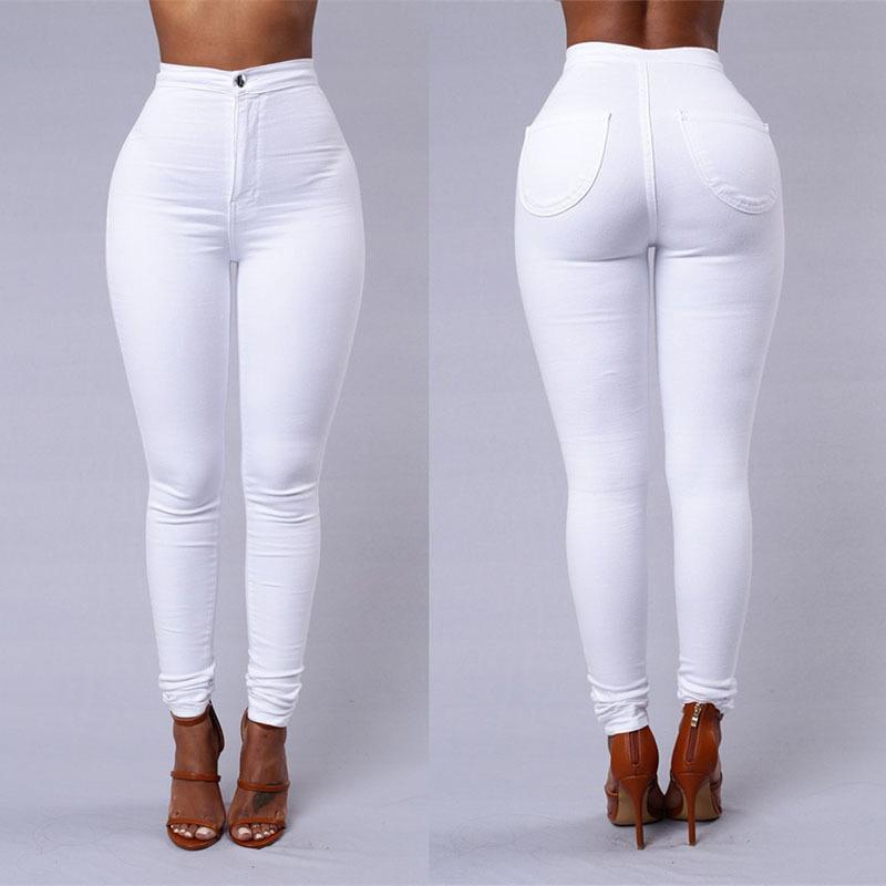 Pantalón Skinny Elástico de Tiro Alto Colores Vivos Mujer - en color blanco, vistas frontal y posterior