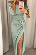 Vestido Largo Drapeado con Escote Cruzado en color verde plateado (últimas tallas)