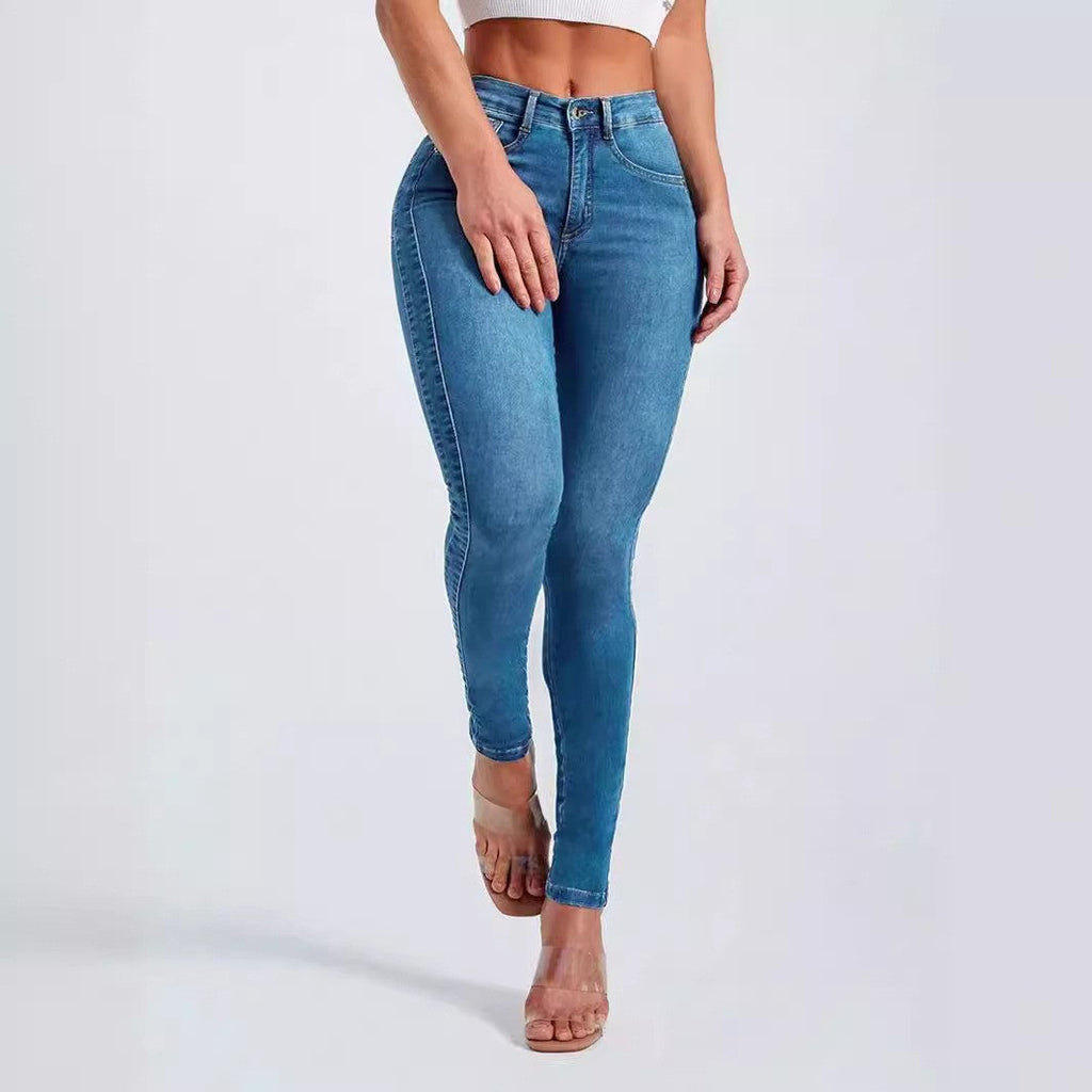 Jeans Skinny Elásticos de Tiro Alto para Mujer - vista frontal con top blanco