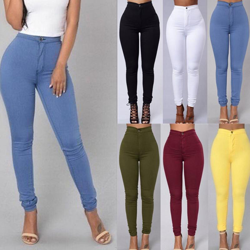 Pantalón Skinny Elástico de Tiro Alto Colores Vivos Mujer - collage de colores: azul, negro, blanco, verde militar, burdeos y amarillo
