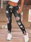 Jeans de Alta Elasticidad para Mujer - en negro con cordón en la cintura, vista frontal