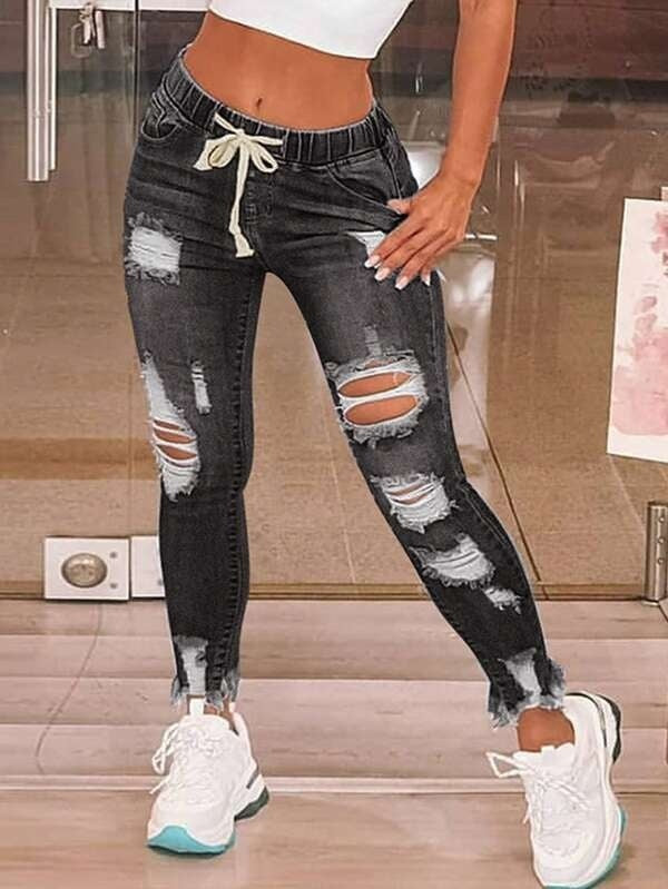 Jeans de Alta Elasticidad para Mujer - en negro con cordón en la cintura, vista frontal