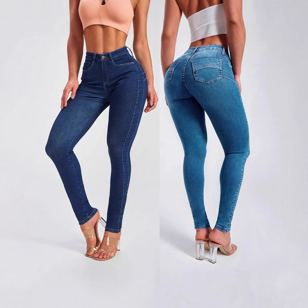 Jeans Skinny Elásticos de Tiro Alto para Mujer - en azul denim, vistas frontal y posterior