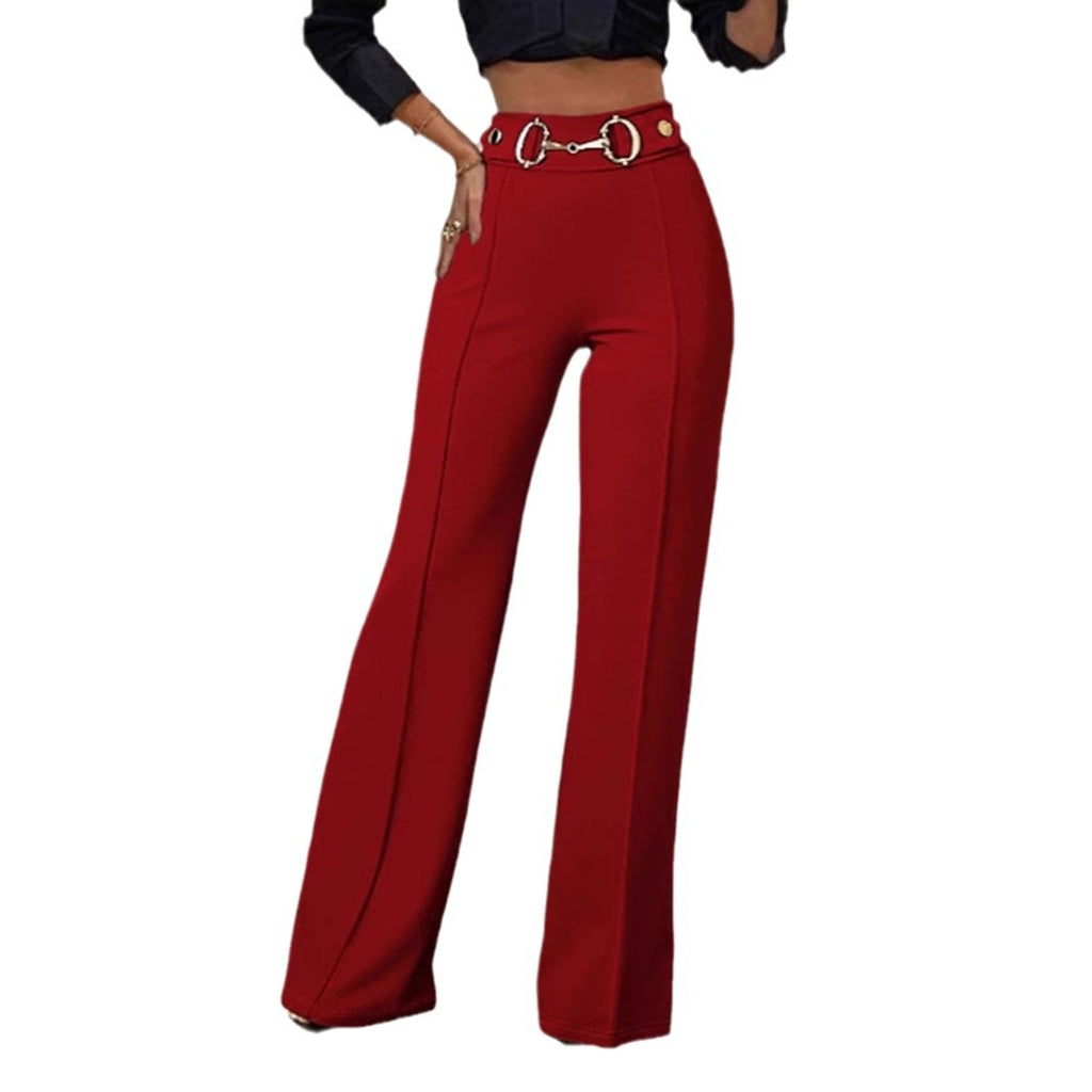 Pantalón Recto de Tiro Alto Elegante para Mujer - en color burdeos, cuerpo entero sobre fondo blanco