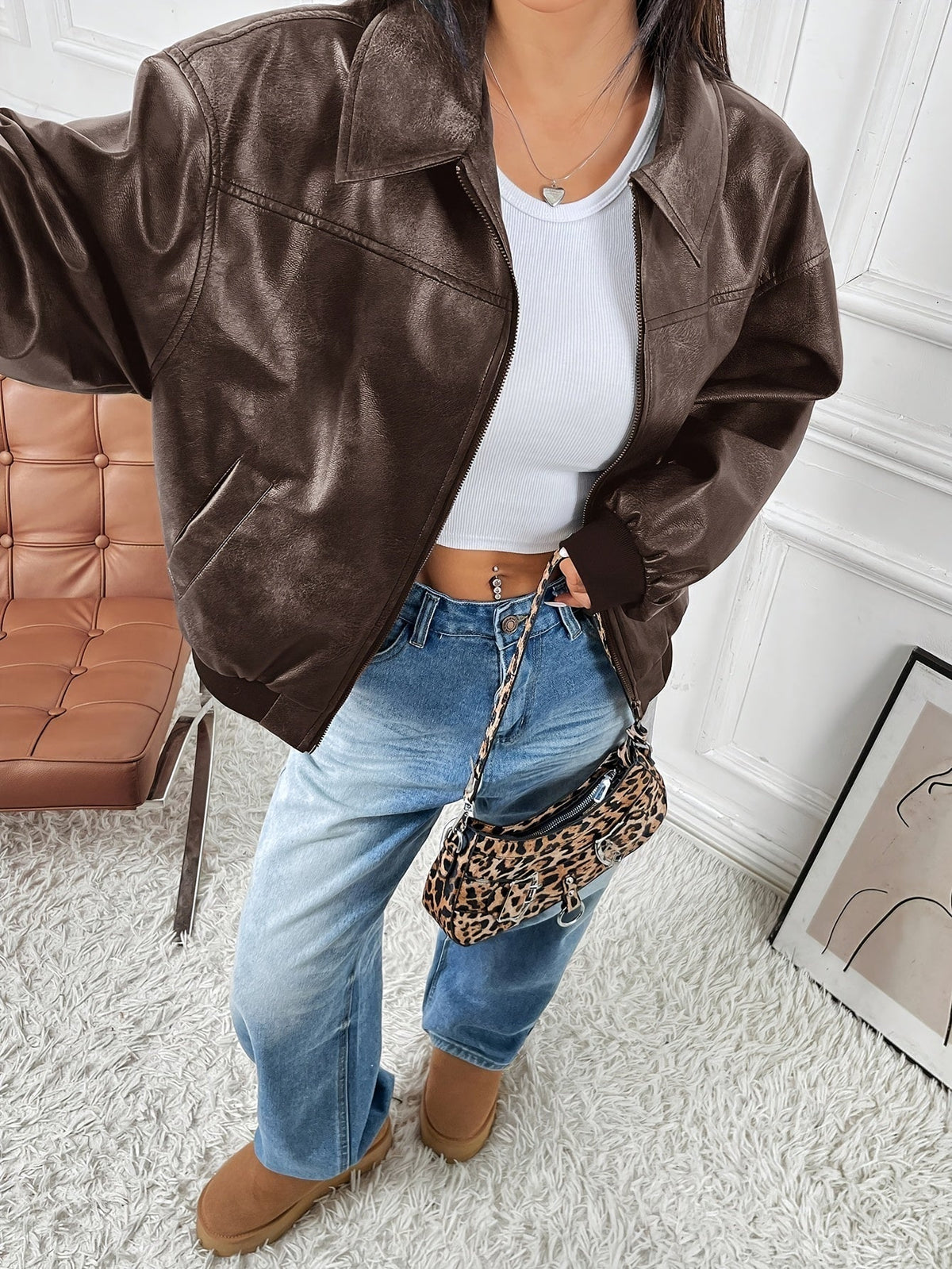 Cazadora Biker de Cuero Sintético Mujer