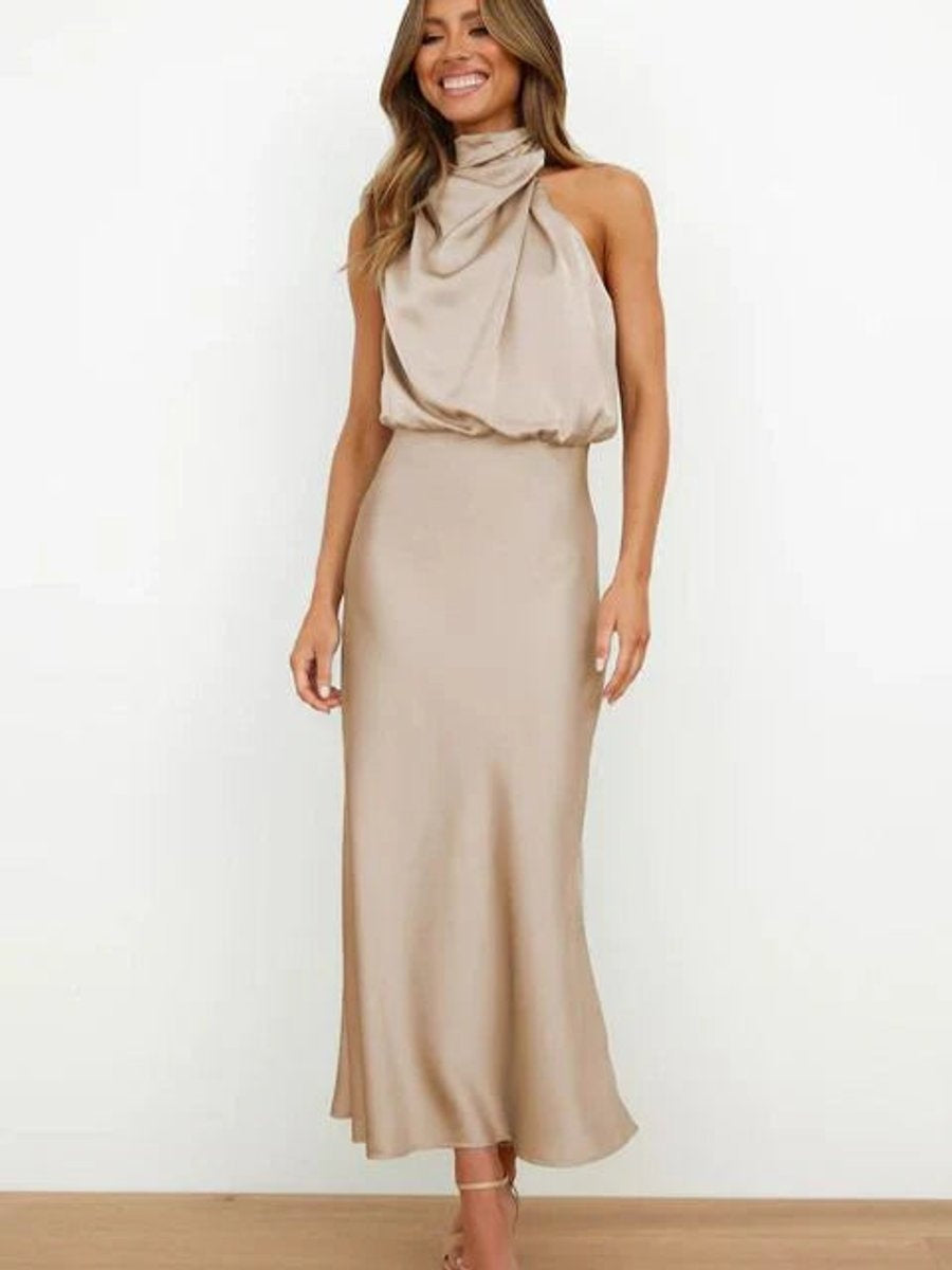 Vestido de Fiesta Largo Satén Mujer Cuello Halter Drapeado