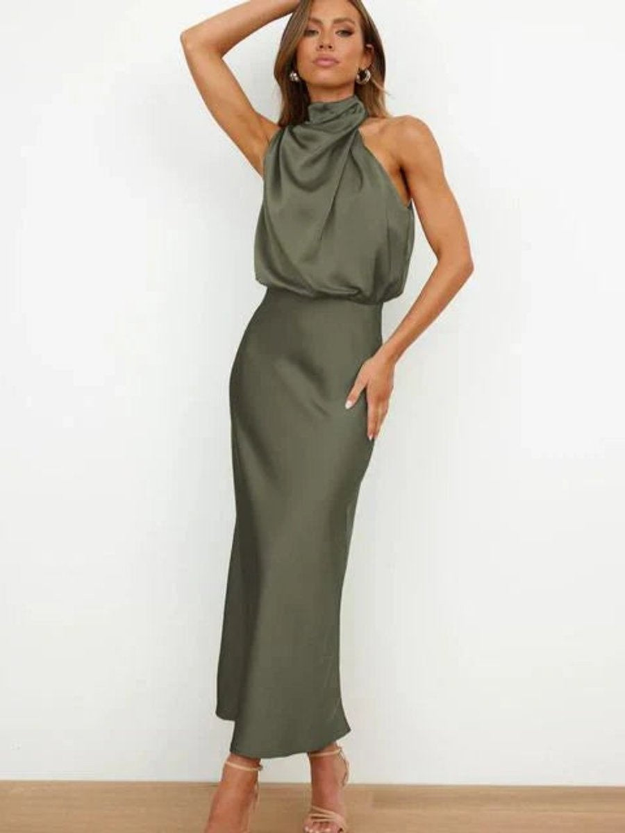 Vestido de Fiesta Largo Satén Mujer Cuello Halter Drapeado