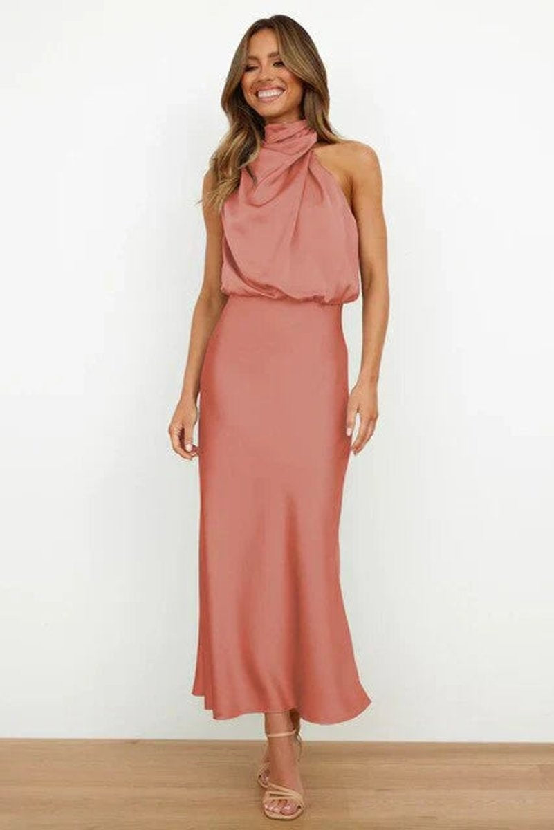 Vestido de Fiesta Largo Satén Mujer Cuello Halter Drapeado