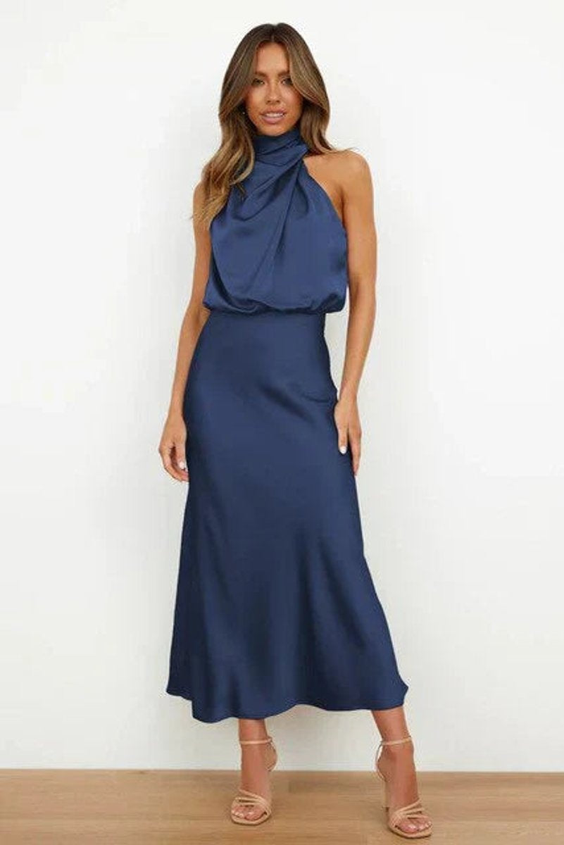Vestido de Fiesta Largo Satén Mujer Cuello Halter Drapeado
