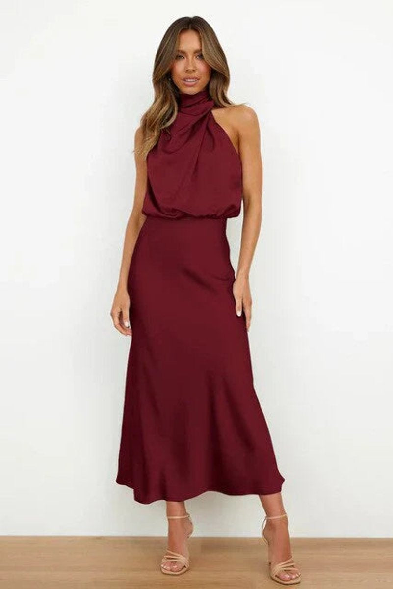 Vestido de Fiesta Largo Satén Mujer Cuello Halter Drapeado