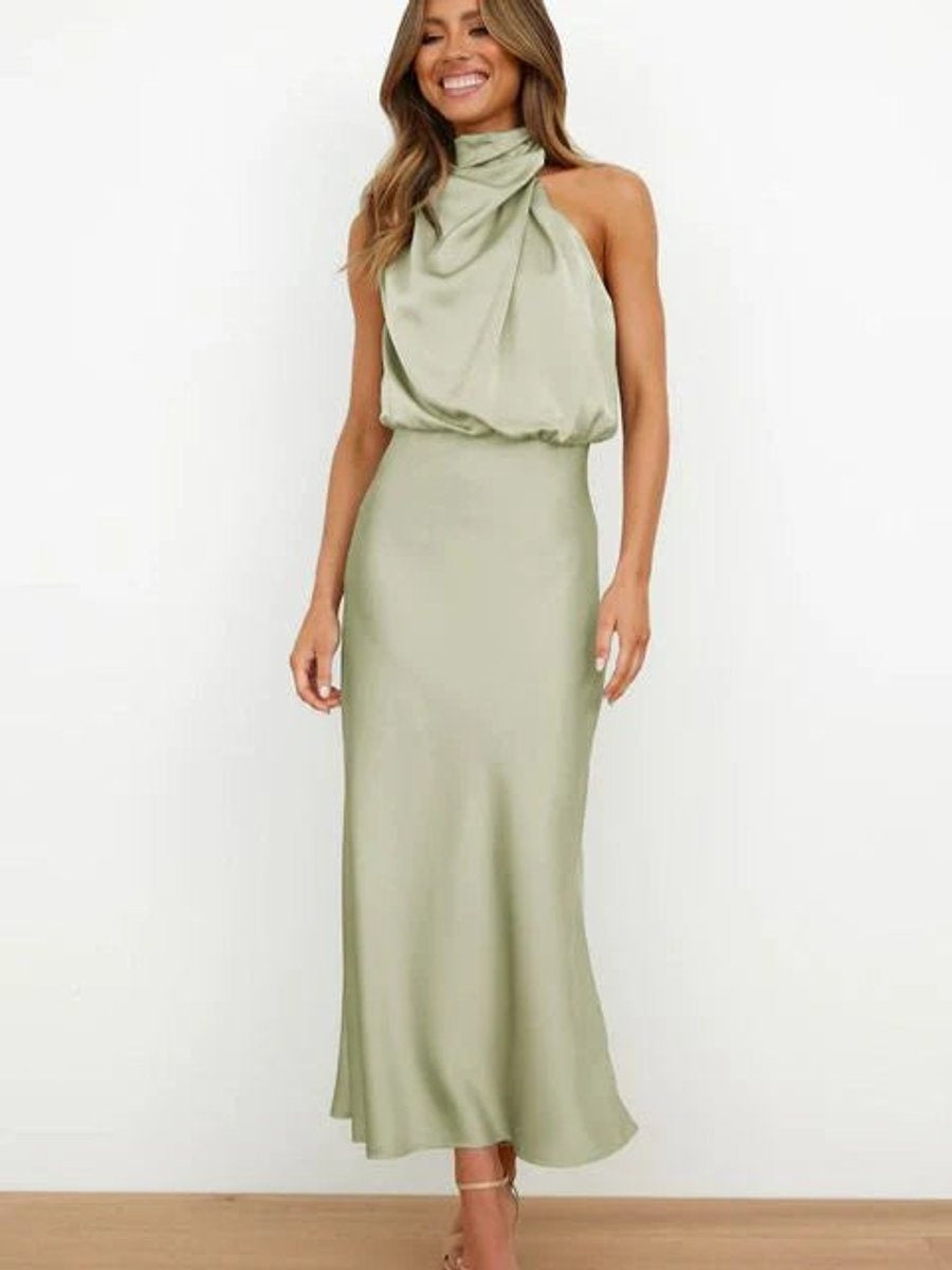 Vestido de Fiesta Largo Satén Mujer Cuello Halter Drapeado