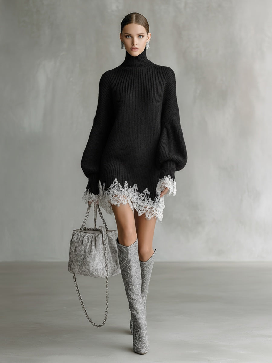 Women's Autumn Knitted Short Dress with High Neck, Lace, and Long Sleeves