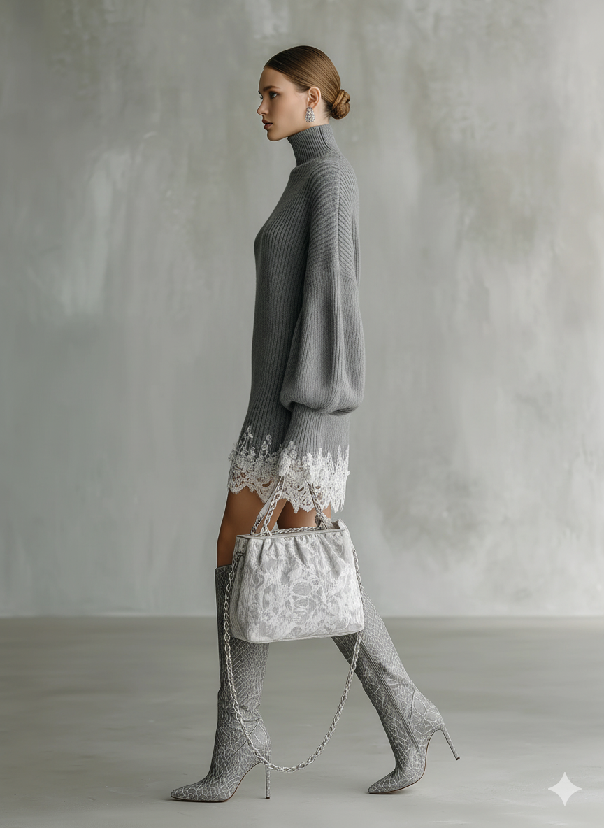 Women's Autumn Knitted Short Dress with High Neck, Lace, and Long Sleeves