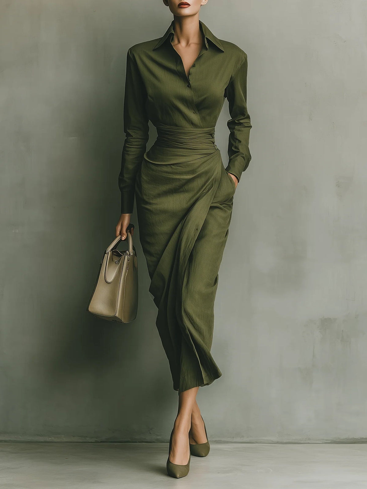 Women's Long-Sleeve Draped Shirt Dress with Waist Detail