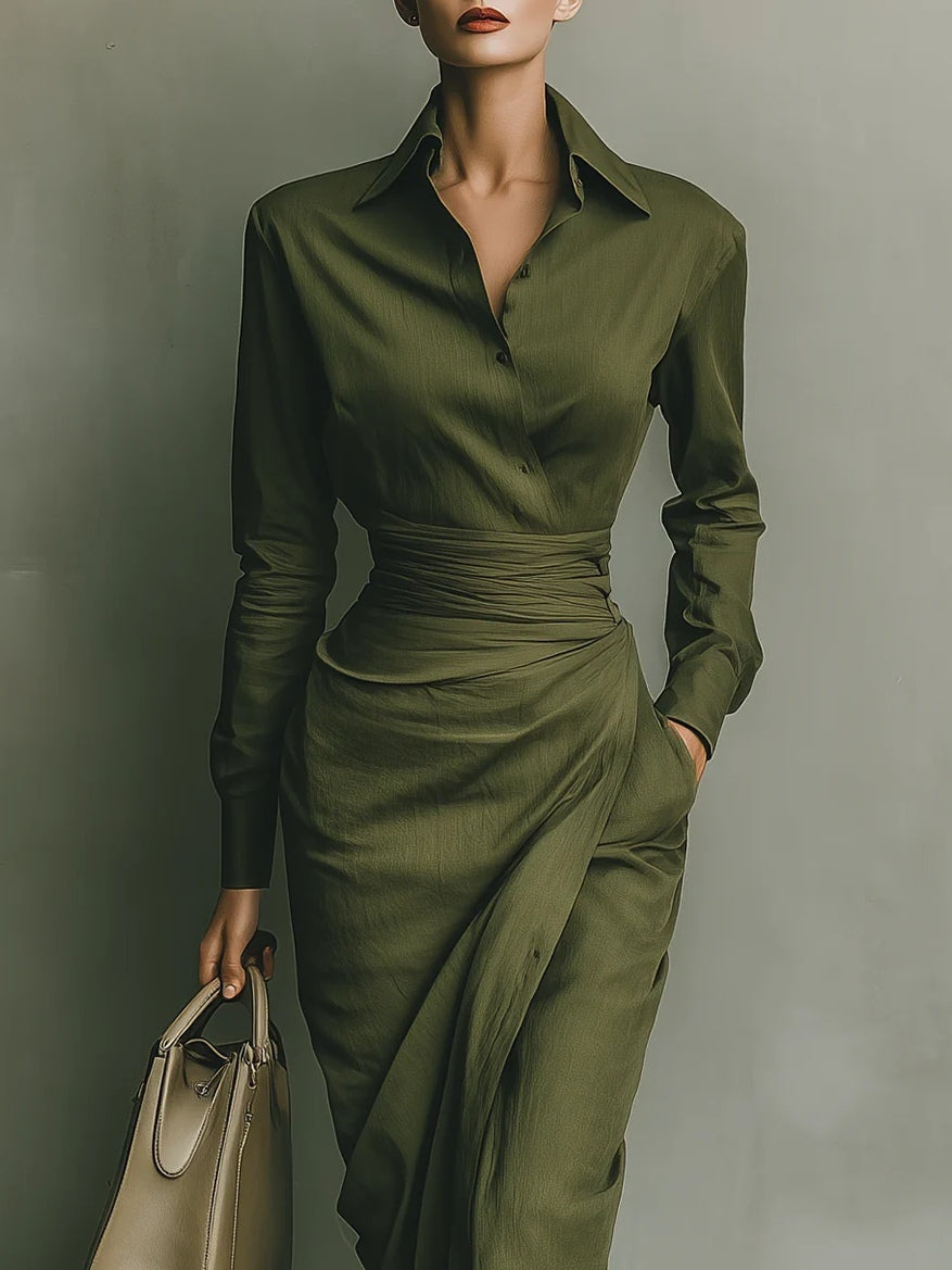 Vestido Camisero Drapeado Mujer Manga Larga Cintura