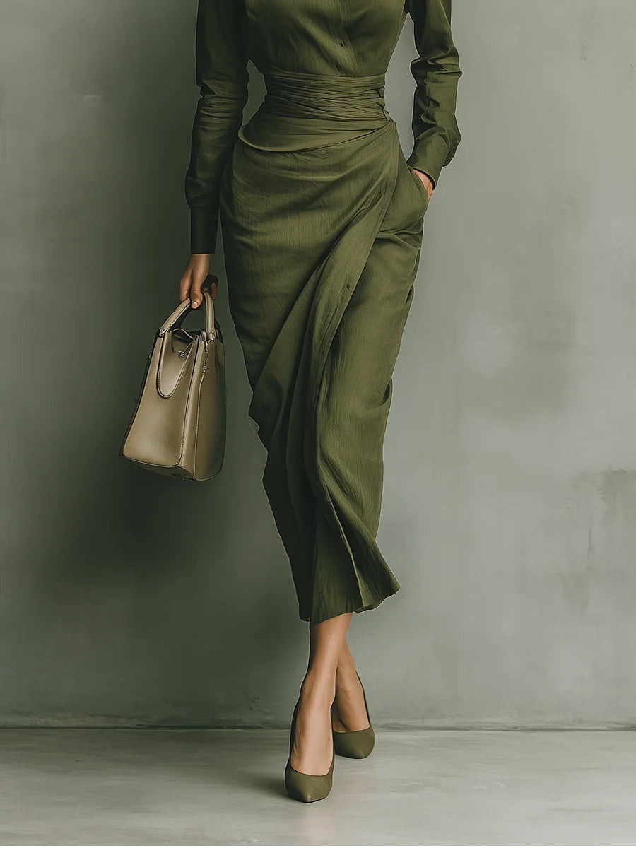 Women's Long-Sleeve Draped Shirt Dress with Waist Detail
