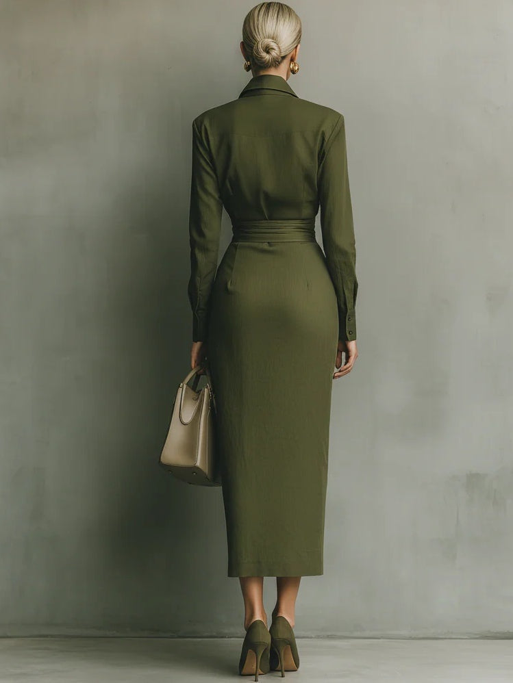 Women's Long-Sleeve Draped Shirt Dress with Waist Detail