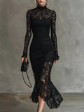 Vestido de Encaje Manga Larga Invitada Invierno Mujer Cuello Alto