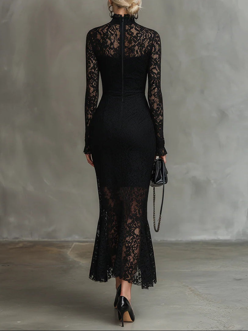 Vestido de Encaje Manga Larga Invitada Invierno Mujer Cuello Alto