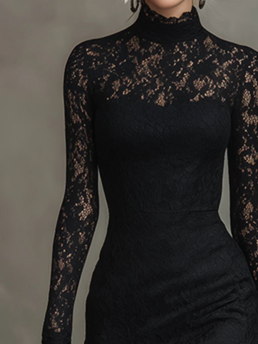 Women's Long Sleeve Lace Dress High Neck Winter Guest