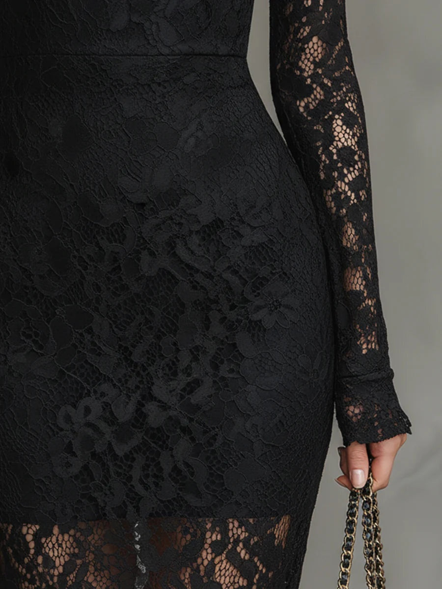 Vestido de Encaje Manga Larga Invitada Invierno Mujer Cuello Alto