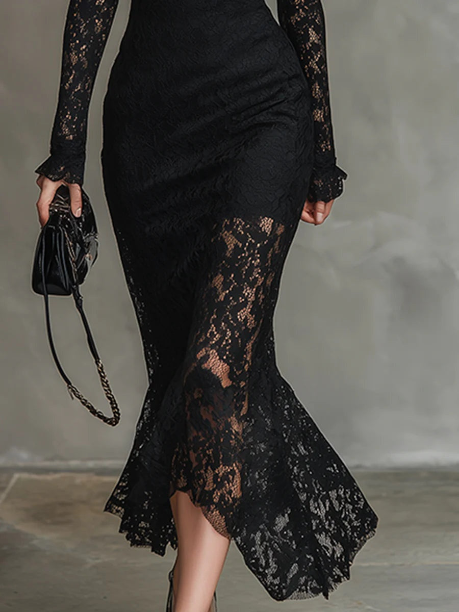 Vestido de Encaje Manga Larga Invitada Invierno Mujer Cuello Alto