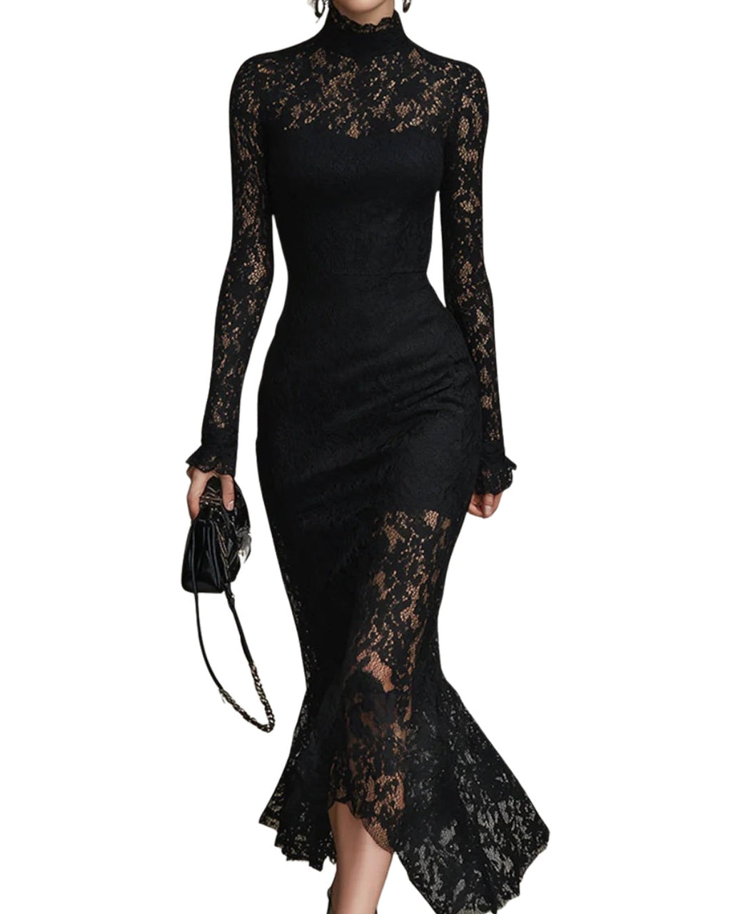 Vestido de Encaje Manga Larga Invitada Invierno Mujer Cuello Alto