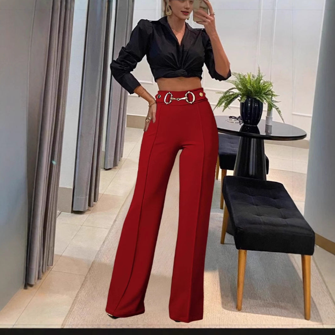 Pantalón Recto de Tiro Alto Elegante para Mujer - en color burdeos, vista frontal