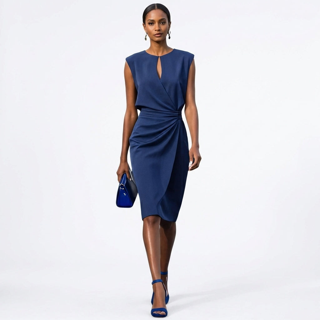 Vestido Drapeado de Cóctel Sin Mangas Mujer Escote Keyhole
