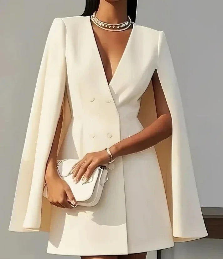 Vestido Blazer Corto Manga Capa Mujer Escote V Doble Botonadura