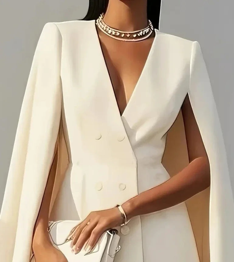 Vestido Blazer Corto Manga Capa Mujer Escote V Doble Botonadura