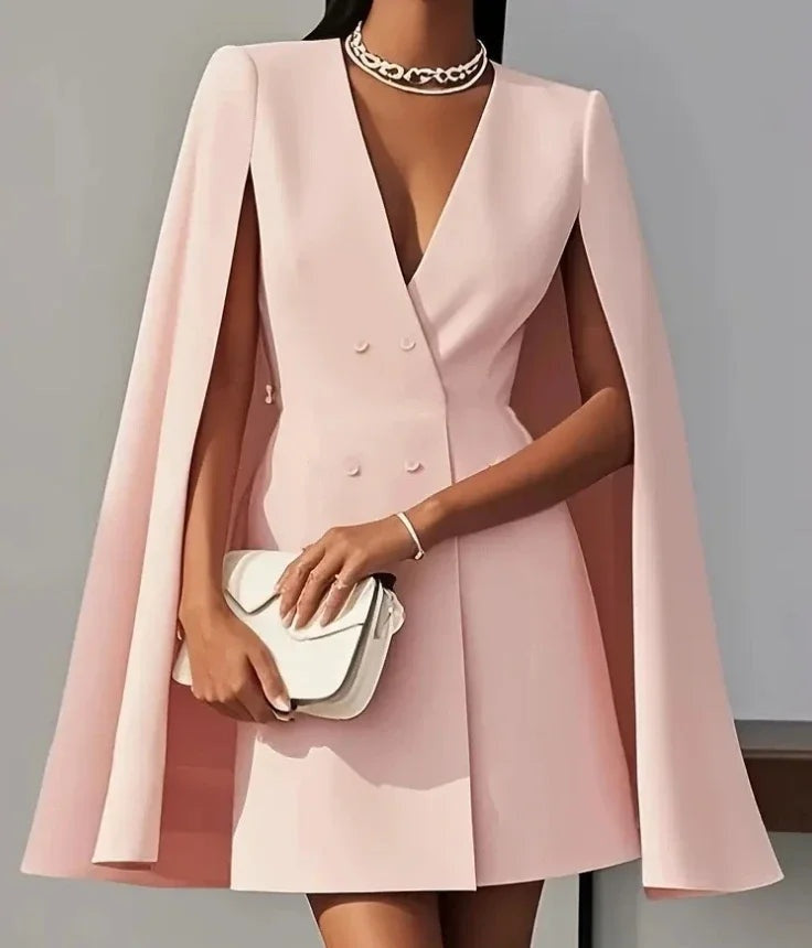 Women's V-Neck Double-Breasted Cape Sleeve Short Blazer Dress